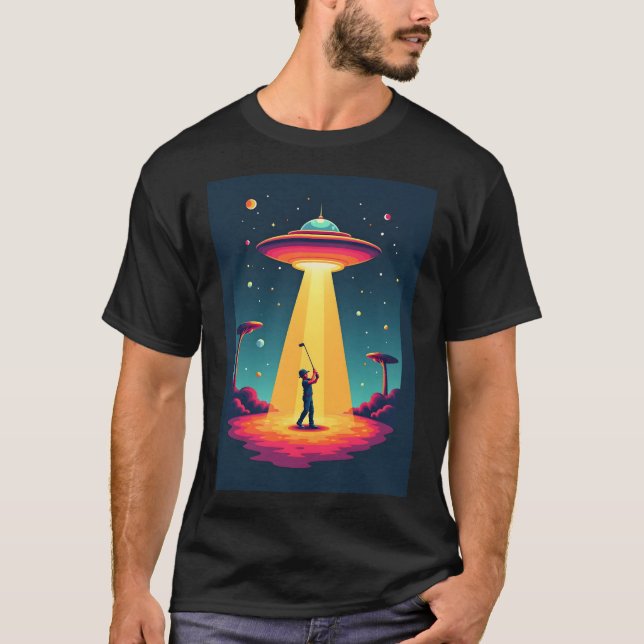 Retro Sci Fi Cartoon Rocket Ship and Golfer T-Shirt