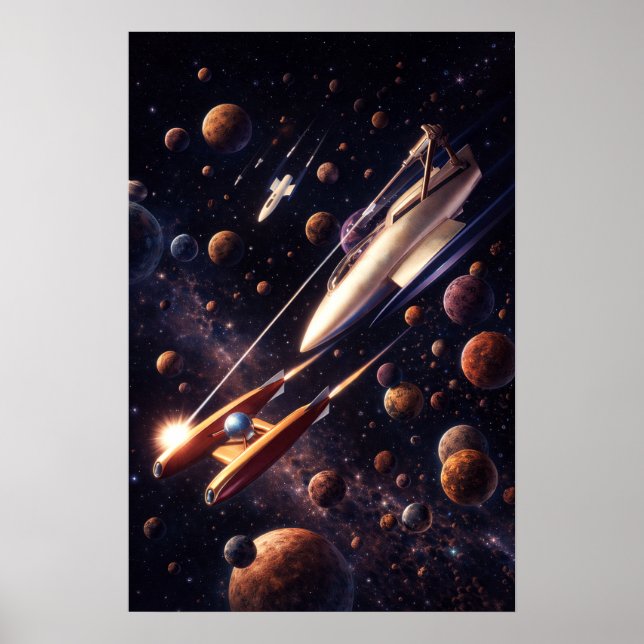 Retro Sci-Fi Fantasy Space Battle Art Poster (Vorne)