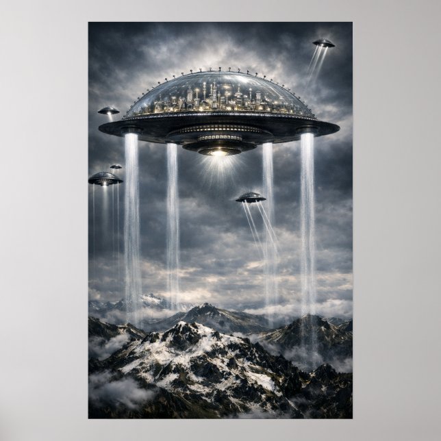 Retro-Sci-Fi-Fantasy-Städte der Zukunft Kunst Poster (Vorne)