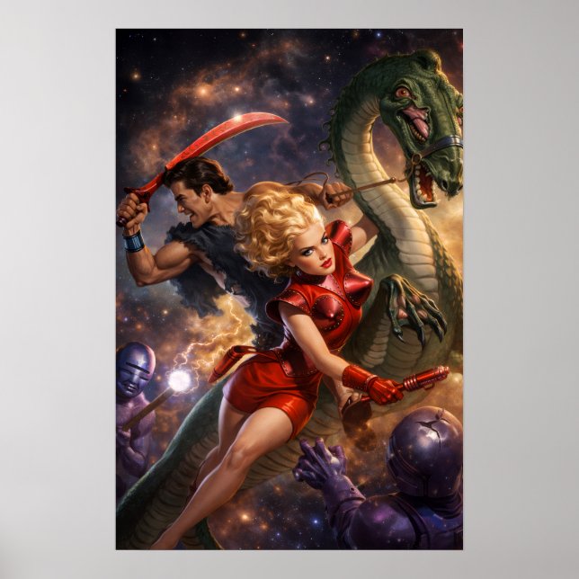 Retro-Sci-Fi-Fantasy-Weltraumkunst Poster (Vorne)