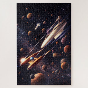 Retro-Sci-Fi-Fantasy-Weltraumschlacht-Kunst Puzzle