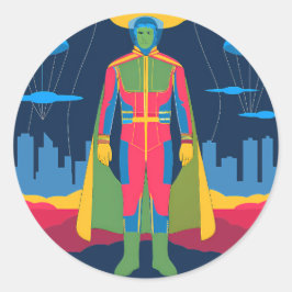 Retro Sci-Fi Hero Over Cityscape Runder Aufkleber