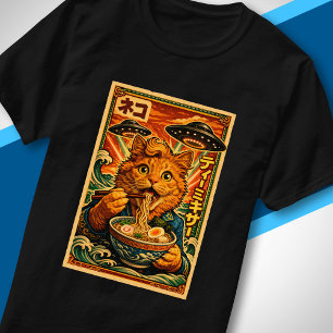 Retro-Sci-Fi Japan UFO Lustige Katze die Ramen iss T-Shirt