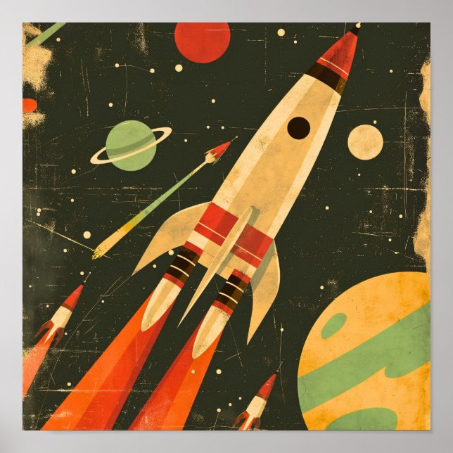 Retro-Sci-Fi-Raketen-Weltraum-Illustrationsdesign Poster (Vorne)