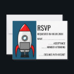 Retro-Sci-Fi-Rocket-RSVP-Karte RSVP Karte<br><div class="desc">RSVP-Karte mit einer roten und weißen Rakete, die die Luke offen und bereit zum Einstieg ist.</div>