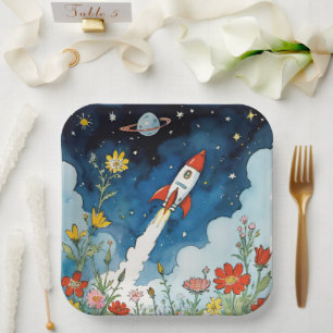 Retro-Sci-Fi-Rocketship über einen Nachtgarten Pappteller
