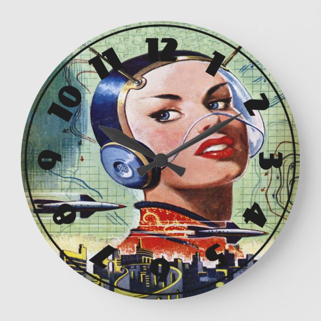 Retro Science Fiction Clock Große Wanduhr (Vorderseite)