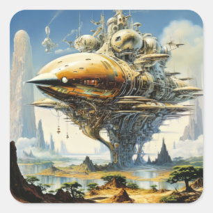 Retro-Science-Fiction-Szene Quadratischer Aufkleber