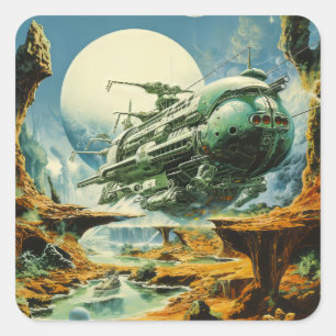 Retro-Science-Fiction-Szene Quadratischer Aufkleber