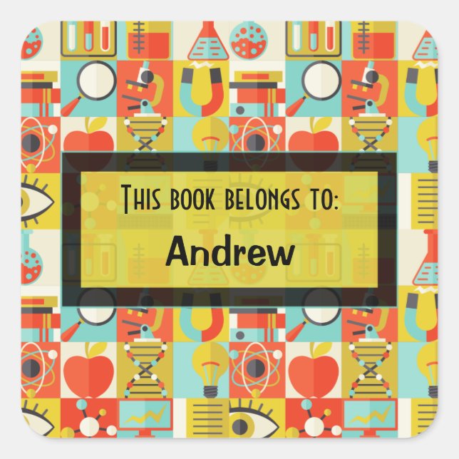 Retro Science Labrador Personalisiert Kids Name Ta Quadratischer Aufkleber (Vorderseite)