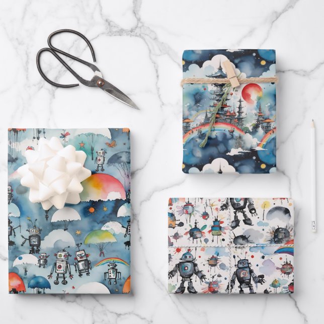 Retro-SciFi-Roboter im Weltraum Geschenkpapier Set (Vorderseite)