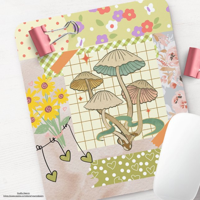 Retro Scrapbook Collage Artwork Blumengemälde Pilz Mousepad (Von Creator hochgeladen)