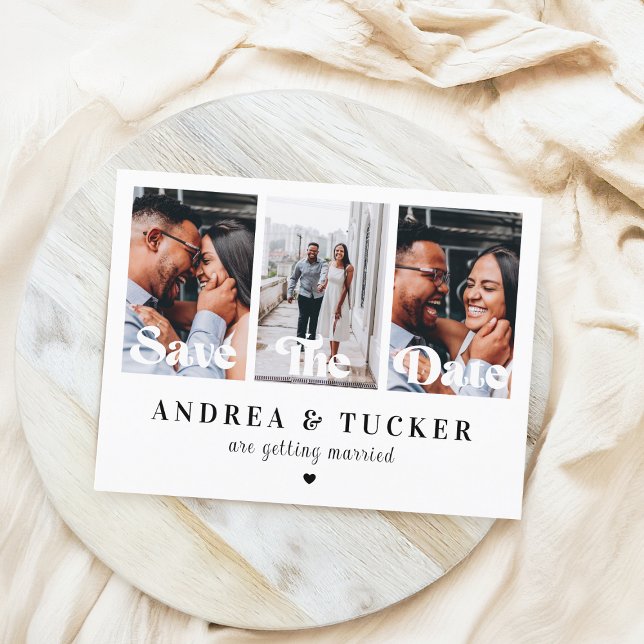 Retro Script 3 Foto Collage Wedding Save the Date Postkarte (Von Creator hochgeladen)