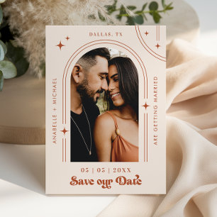 Retro Script Boho Arch Foto Terracotta Wedding Save The Date