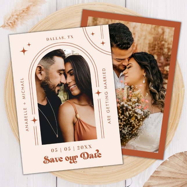 Retro Script Boho Arch Foto Terracotta Wedding Save The Date (Von Creator hochgeladen)
