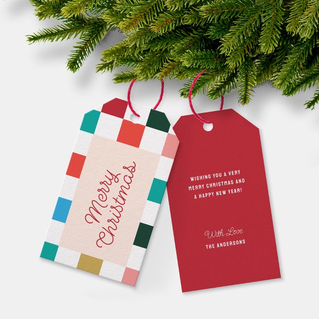 Retro Script farbenfrohe Checkerboard Frohe Weihna Geschenkanhänger (Merry Christmas Red Script Type Colorful Checkerboard Holiday Gift Tags)
