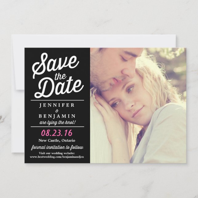 Retro-Script-Foto mit Schwarz und Rosa Save the Da Date (Vorderseite)