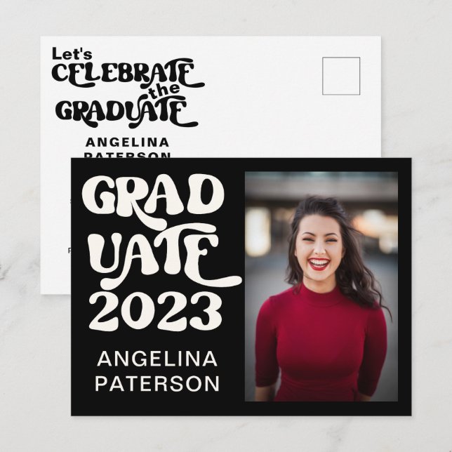 Retro-Script-Foto Schwarz & Weiß-Party Einladungspostkarte (Vorne/Hinten)