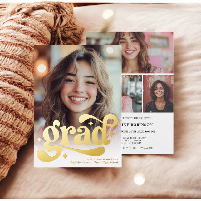 Retro Script gold White 4 Foto Abschluss Folieneinladung (Retro Script gold White 4 Photo Graduation Foil Invitation)