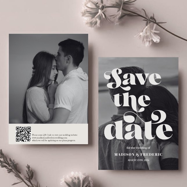 Retro-Script-Hochzeits-QR-Code Schwarz und Weiß Save The Date (Von Creator hochgeladen)
