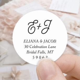 Retro Script Monogram Wedding Round-Rücksendeadres Runder Aufkleber