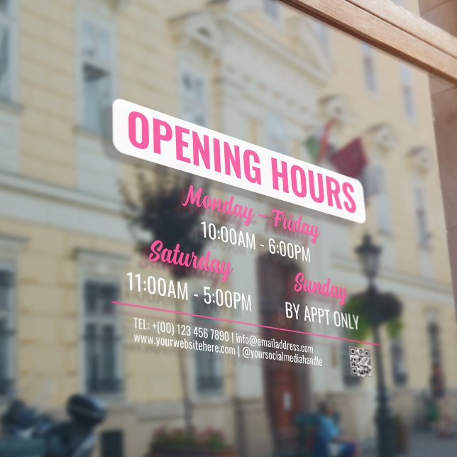 Retro-Script QR Code Öffnungszeiten pink & weiß Fensteraufkleber (Von Creator hochgeladen)