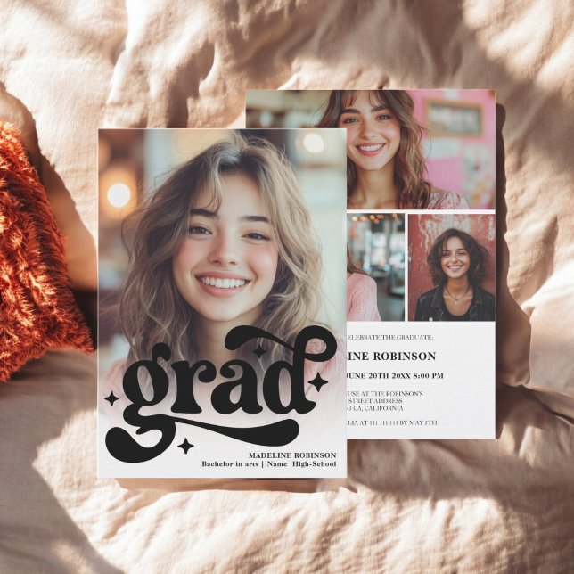Retro Script Schwarz-weiß 4 Foto Abschluss Einladung (Retro Script Black White 4 Photo Graduation Invitation)