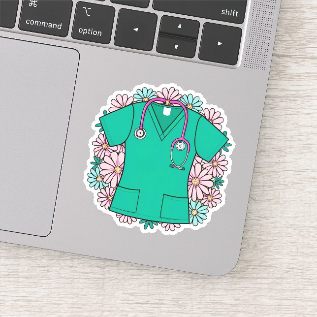 Retro Scrub Tope mit Blume Aufkleber (Detail)