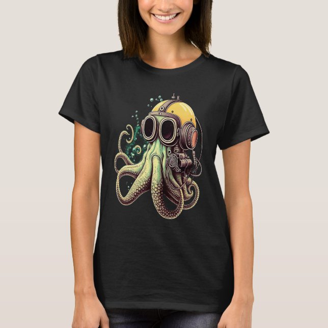Retro Scuba Diver Weird Octopus Design Octopus Hel T-Shirt (Vorderseite)