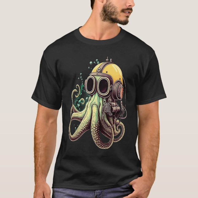 Retro Scuba Diver Weird Octopus Design Octopus Hel T-Shirt (Vorderseite)