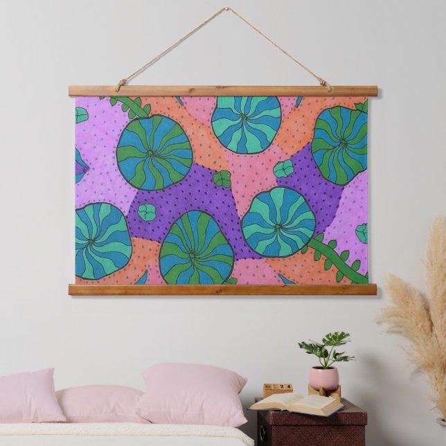 Retro Sea Garden in Orange und Lila Wandteppich Mit Holzrahmen (Schlafzimmer)