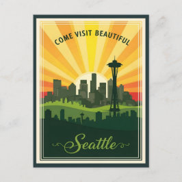 Retro Seattle Skyline mit Weltraumnadel bei Sonnen Postkarte
