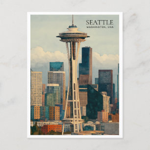 Retro Seattle Skyline Watercolor Karte