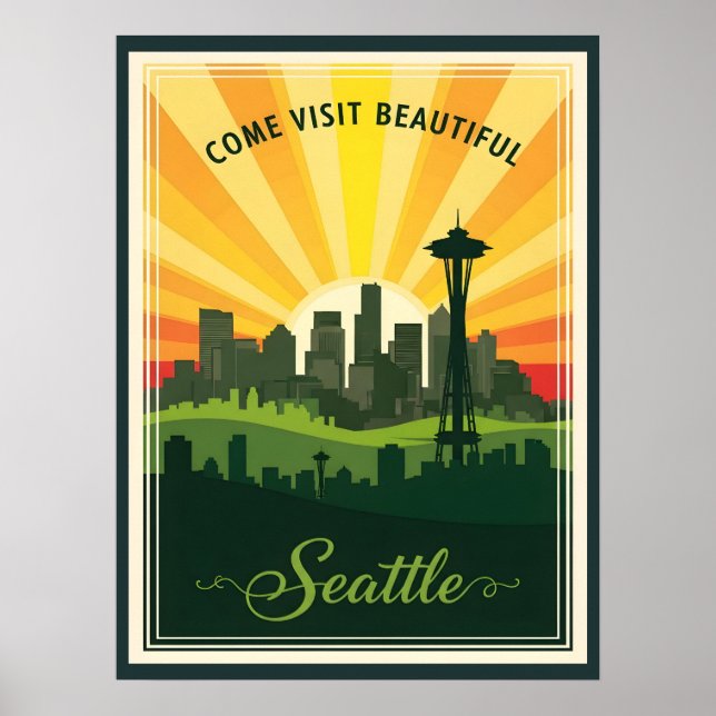 Retro Seattle skyline with space needle at sunset Poster (Vorne)