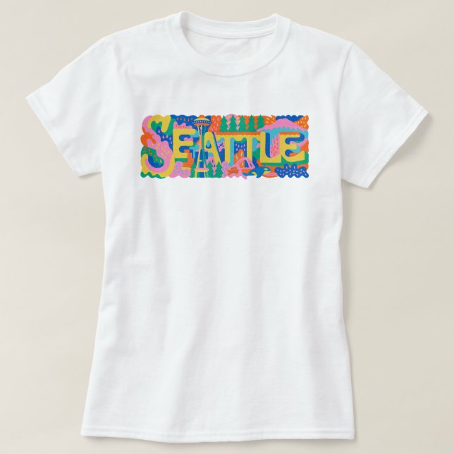 Retro Seattle Space Needle Mount Rainier Orca Wal T-Shirt (Design vorne)