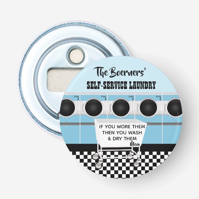 Retro-Selbstbedienungswäscherei, die sie die Arbei Flaschenöffner (Vorderseite)