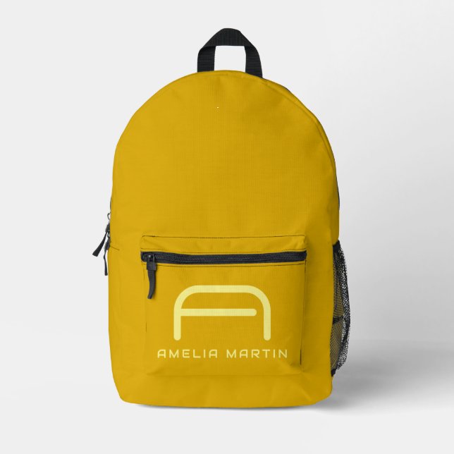 Retro Senfgelb Monogramm Bedruckter Rucksack (Vorderseite)