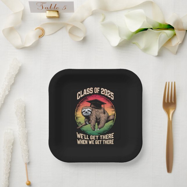 Retro Senior Class of 2025 Sloth Cap Abschluss Pappteller (Hochzeit)