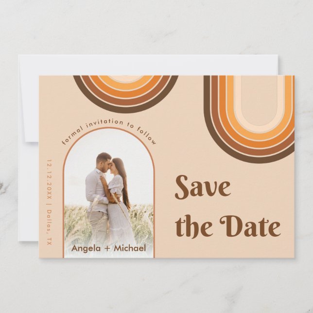 Retro Seventies Rainbow Boho Arch Foto Beige 70er Save The Date (Vorderseite)