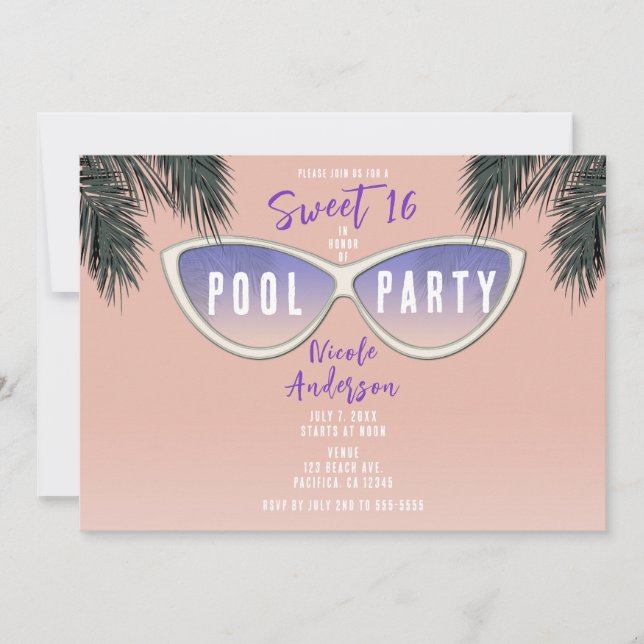 Retro Shades Sonnenbrille Sweet 16 Pool Party Einladung (Vorderseite)