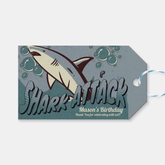 Retro Shark Themed Birthday Party Geschenkanhänger (Vorderseite (Horizontal))