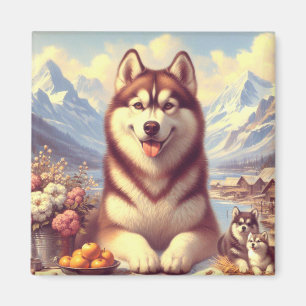 Retro Siberian Husky Gemälde Magnet