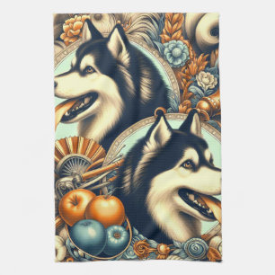Retro Siberian Husky Illustration Geschirrtuch