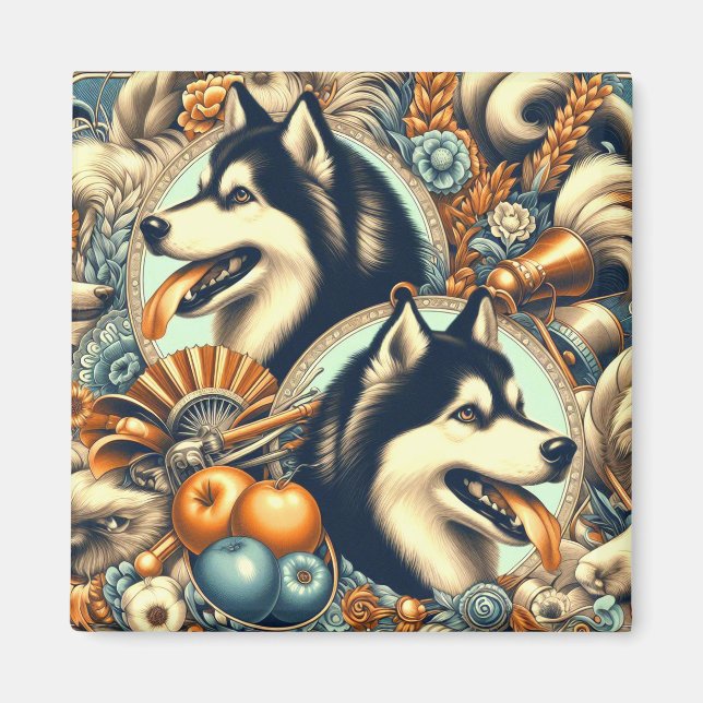 Retro Siberian Husky Illustration Magnet (Vorne)