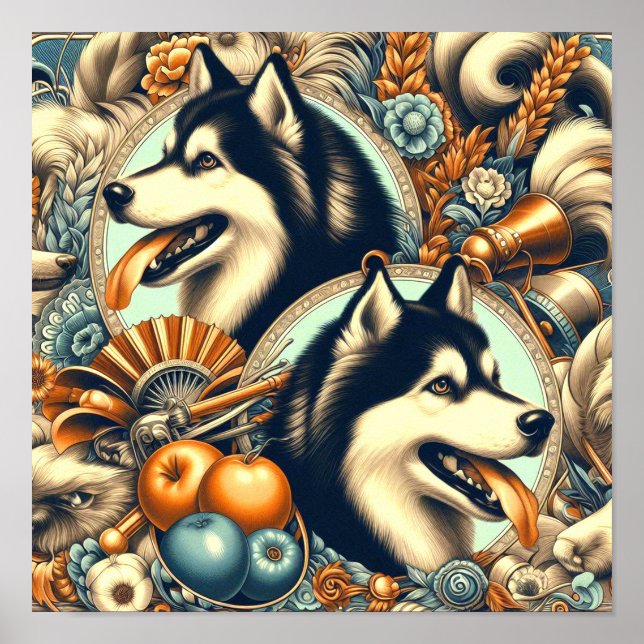 Retro Siberian Husky Illustration Poster (Vorne)