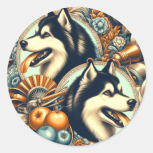 Retro Siberian Husky Illustration Runder Aufkleber