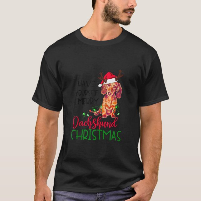 Retro Sich selbst erfreuen Dackel Weihnachten Wein T-Shirt (Vorderseite)