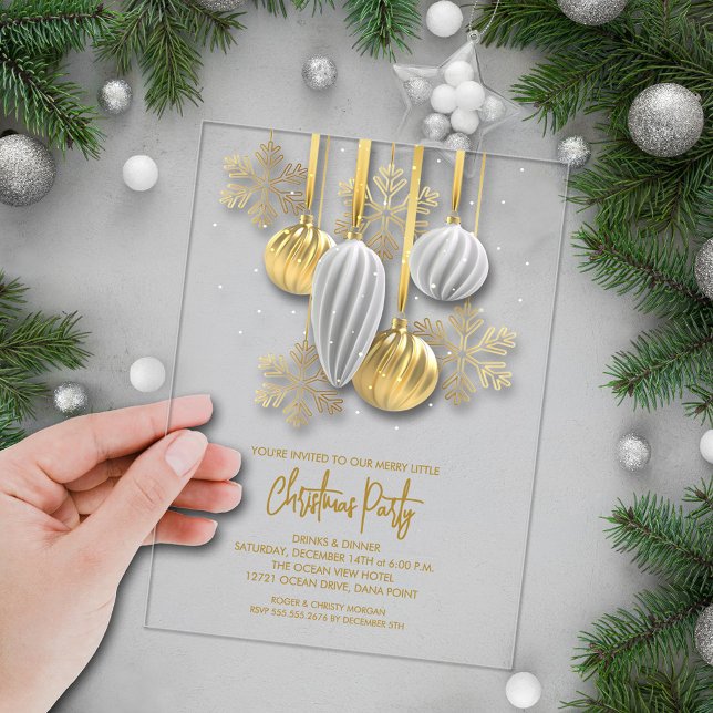 Retro-Silber- und Goldverzierungen Weihnachtsfeier Acryleinladungen (Retro silver and gold tree ornaments ACRYLIC Christmas party invitations)