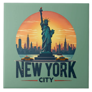 Retro-Silhouette von New York City mit der Freihei Fliese