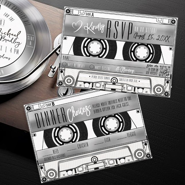 Retro Silver Cassette Band Hochzeit Einladung UAWG (Retro music black & silver vinyl record album cassette tape wedding invitation RSVP dinner choices)